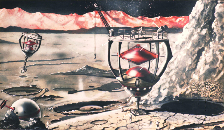 Illustration du livre d’Hermann Oberth sur les possibles explorations lunaires, Das Mondauto, 1959