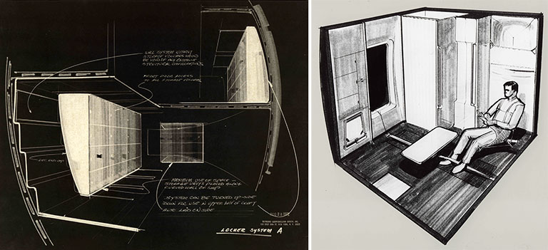 Illustrations de l’aménagement intérieur de Skylab de Raymond Loewy, années 1960